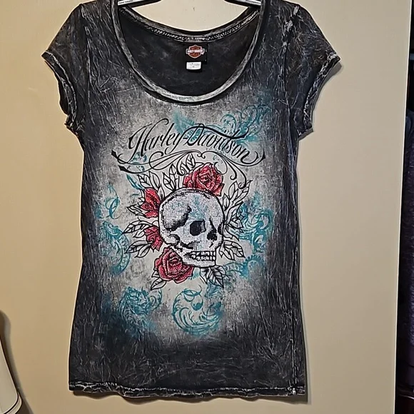 Harley-Davidson Rhinestone Skull T-Shirt - Picture 2 of 8